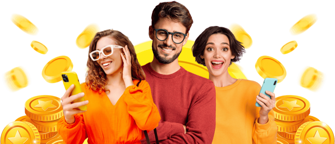 Three smiling Salachat users holding phones surrounded by gold coins — free coins for 1v1 video chat